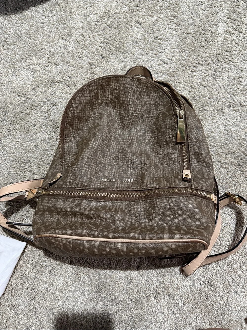 Michael Kors Brown Logo Canvas Backpack with Tan Trim